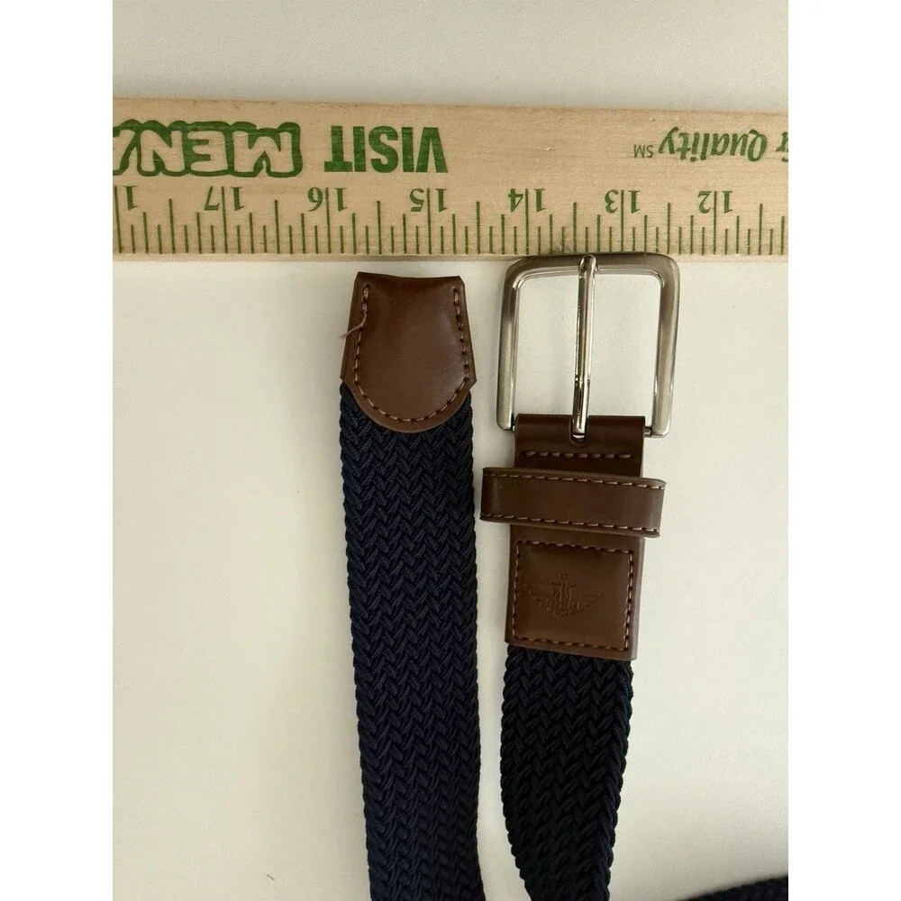 Dockers Belt Stretch Men Navy w/ Brown faux Leather Trim L XL $34 MSRP